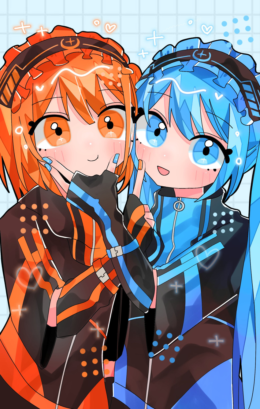2girls, a.i._voice, absurdres, adachi_rei, alternate_costume, black_gloves, black_jacket, blue_eyes