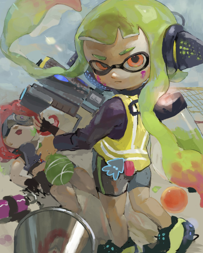 2girls, :<, agent_3_(splatoon), armor, bike_shorts, black_footwear, black_gloves, black_shirt