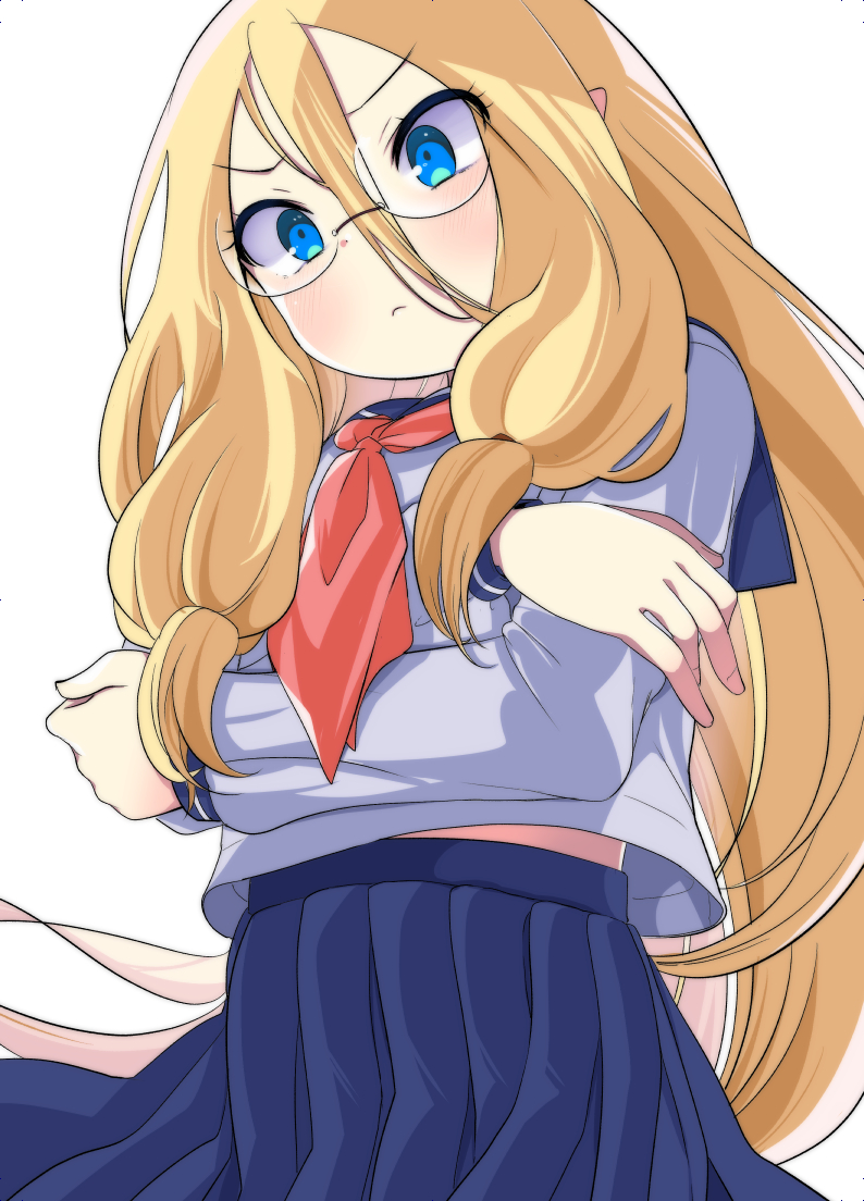 1girl, blue_eyes, blue_sailor_collar, blue_skirt, crossed_arms, elf, elf-senpai_wa_xxxx_shitai, glasses, hair_between_eyes, kameyoshi_ichiko, long_hair, looking_down, neckerchief, official_art, pleated_skirt, pointy_ears, red_neckerchief, rimless_eyewear, sailor_collar, school_uniform, serafuku, shane_el_rim, shirt, simple_background, skirt, solo, white_background, white_shirt