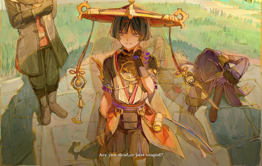 1girl, 2boys, armor, baggy_pants, belt, black_belt, black_coat, black_hair