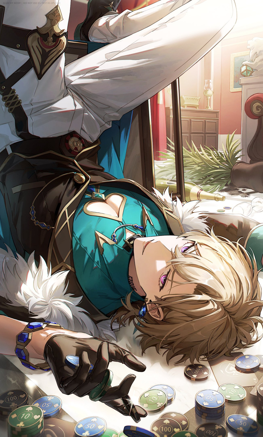 1boy, aqua_shirt, aventurine_(honkai:_star_rail), black_gloves, blonde_hair, bracelet, clothing_cutout, collared_shirt