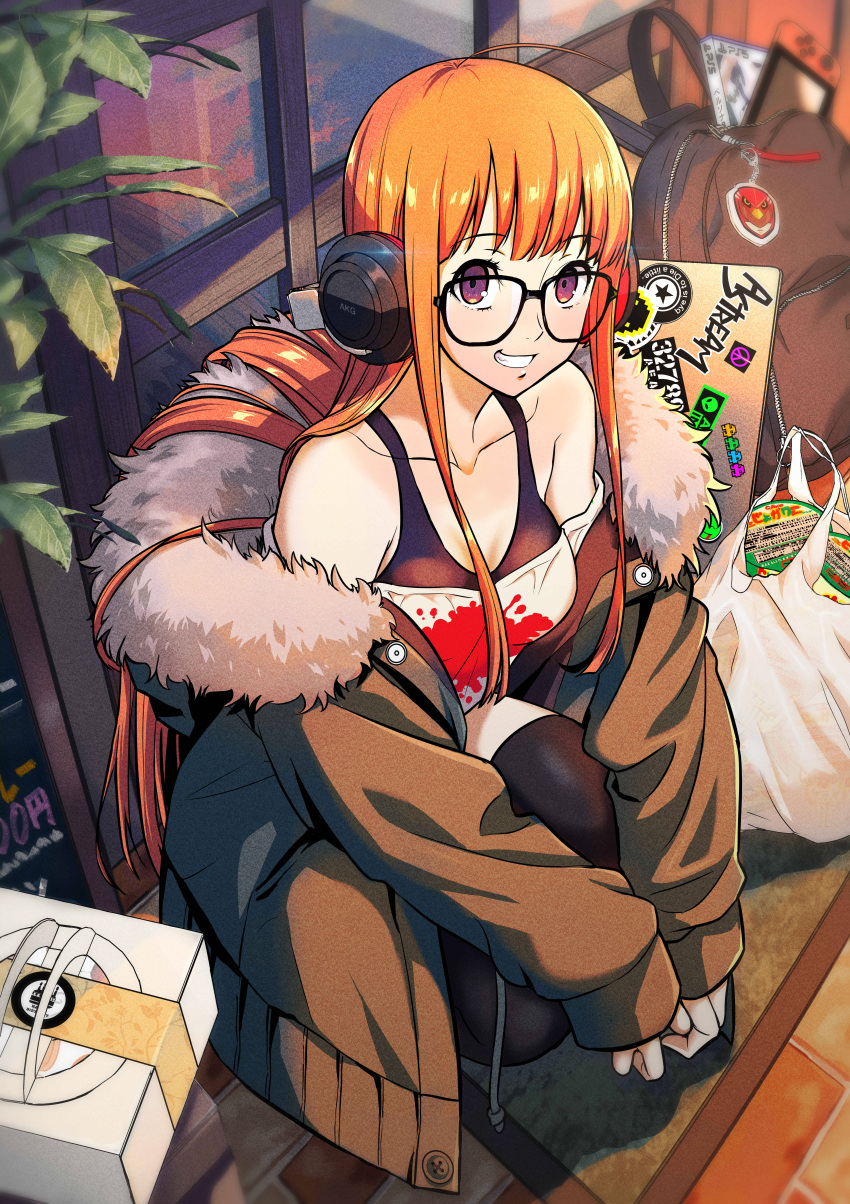 1girl, absurdres, ahoge, backpack, bag, behind-the-head_headphones, black_thighhighs, box