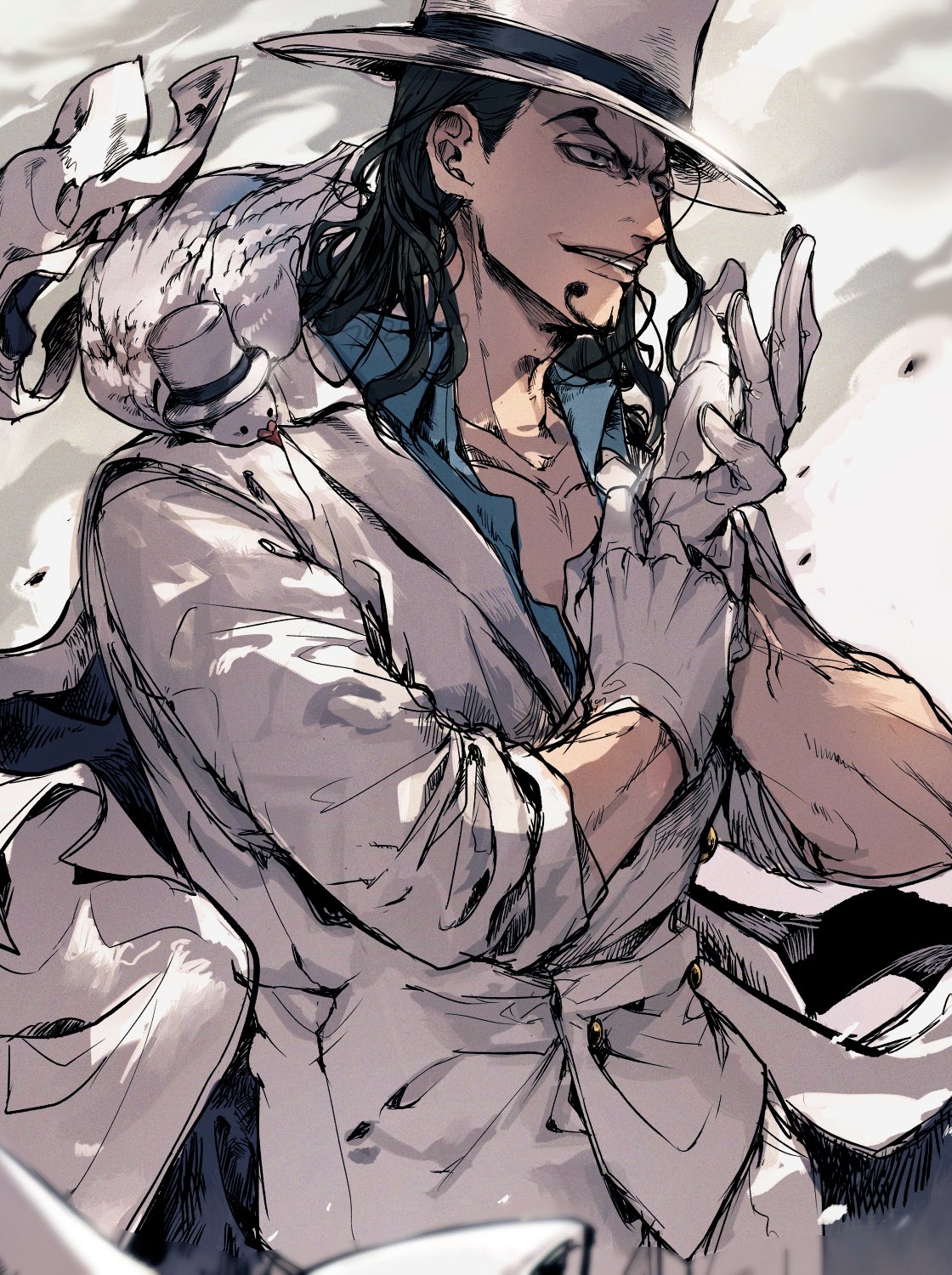 1boy, adjusting_clothes, adjusting_gloves, animal, animal_on_shoulder, bird, black_hair, blue_shirt