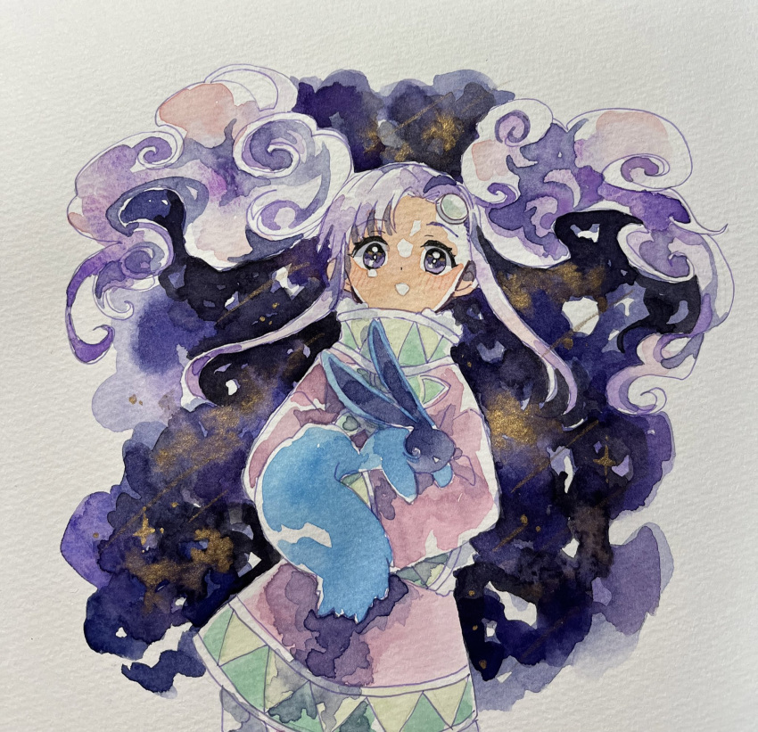 1girl, blush, coat, creature, dark-skinned_female, dark_skin, forehead_jewel, highres