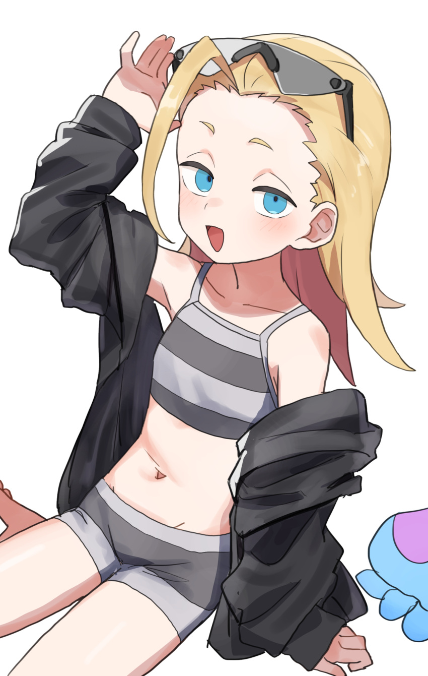 1girl, :d, ahoge, arm_support, bikini, blonde_hair, blue_eyes, breasts