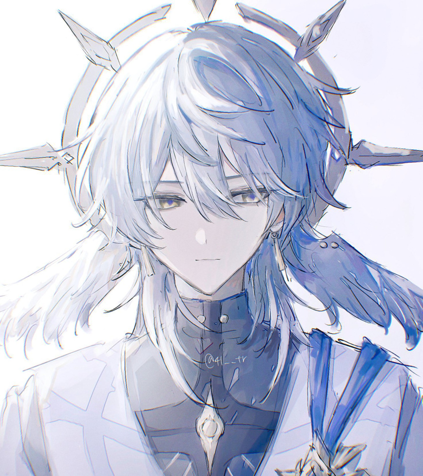 1boy, 41_tr, closed_mouth, earrings, hair_between_eyes, halo, head_wings, highres