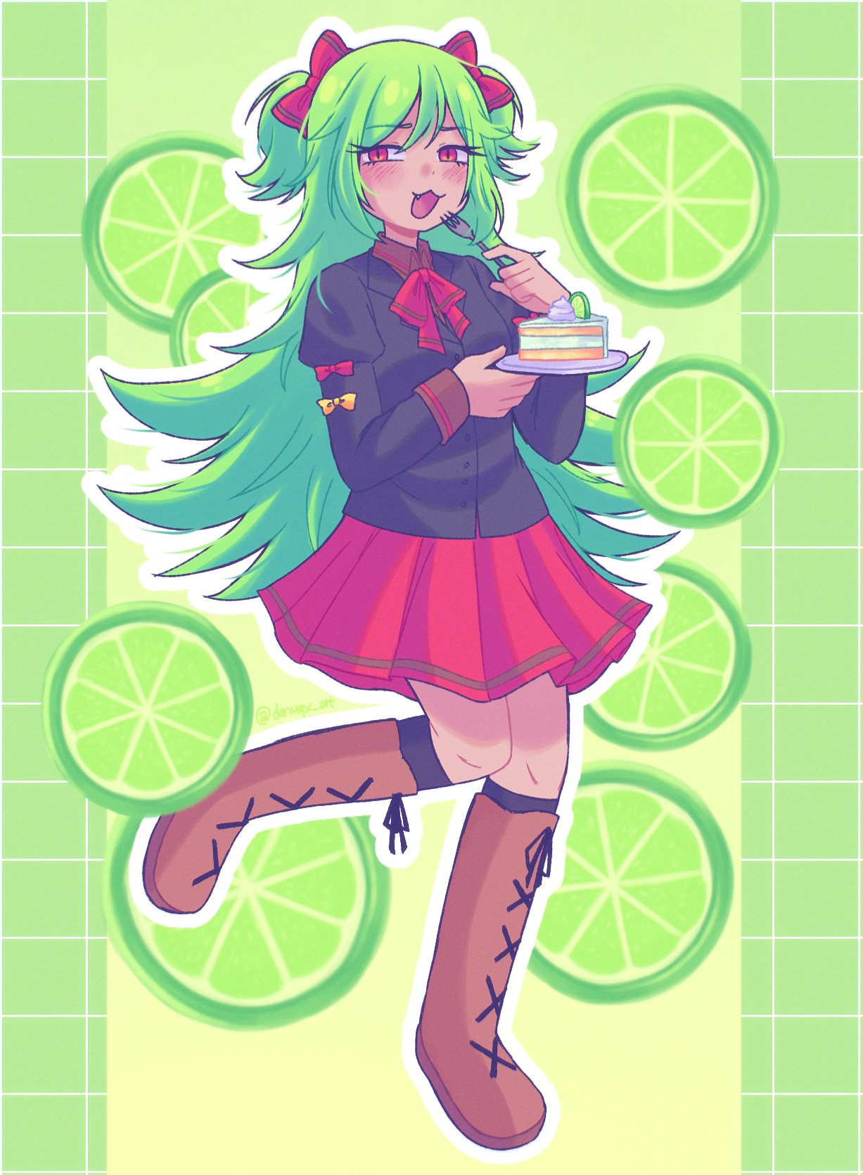 1girl, :3, black_jacket, brown_footwear, buttons, cake, cake_slice, donuqx, fang, food, fork, fruit, green_background, green_hair, green_theme, hair_ribbon, highres, holding, holding_fork, holding_plate, jacket, juliet_sleeves, leg_up, light_blush, lime_(fruit), lime_(witch's_heart), long_hair, long_sleeves, looking_at_viewer, open_mouth, outline, plate, pleated_skirt, puffy_sleeves, red_eyes, red_ribbon, red_skirt, ribbon, short_twintails, skirt, solo, twintails, very_long_hair, white_outline, witch's_heart