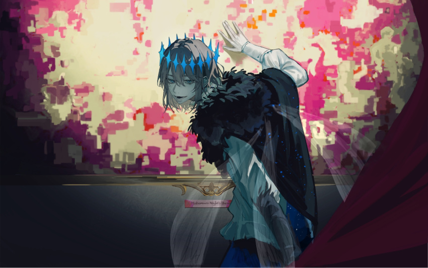 1boy, \||/, black_cape, blue_eyes, cape, curtains, diamond_hairband, fate/grand_order