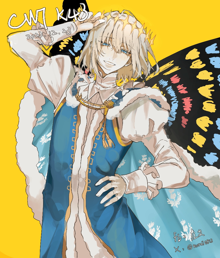 1boy, arm_up, blonde_hair, blue_coat, blue_eyes, butterfly_wings, capelet, coat, dated, diamond_hairband, facebook_username, fate/grand_order, fate_(series), fur-trimmed_capelet, fur_trim, gloves, hair_between_eyes, high_collar, insect_wings, juliet_sleeves, long_sleeves, norai0813, oberon_(fate), puffy_sleeves, short_hair, solo, twitter_username, white_gloves, wings, yellow_background