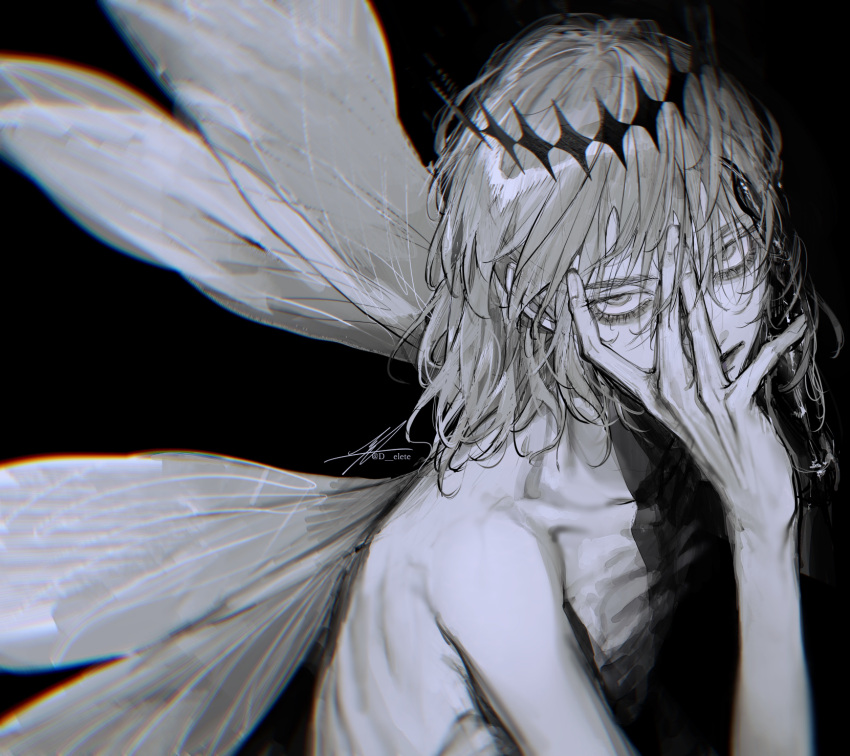 1boy, arthropod_boy, au_(d_elete), black_background, collarbone, completely_nude, crown, diamond_hairband