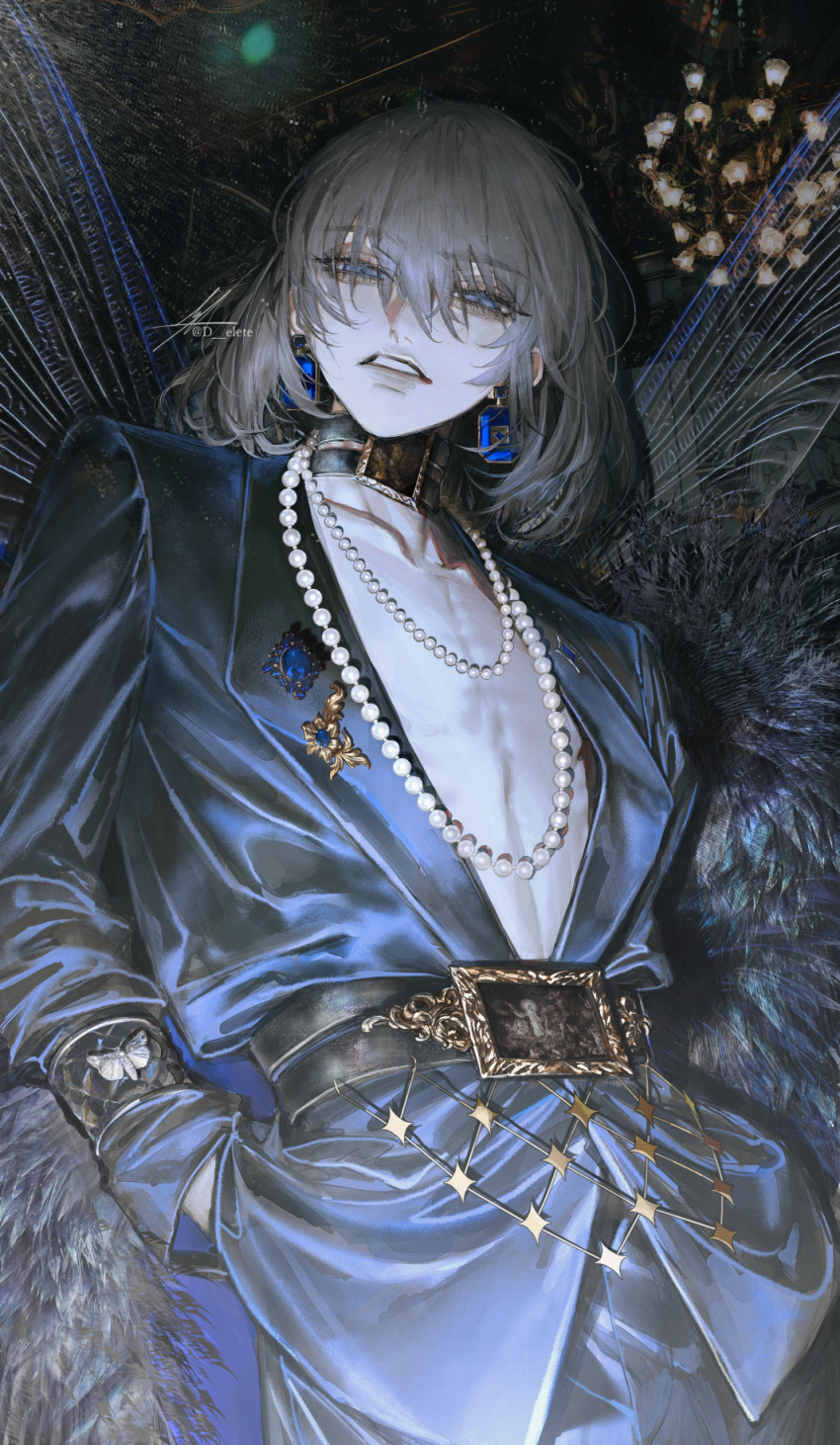1boy, alternate_costume, arthropod_boy, au_(d_elete), belt_pouch, bishounen, blue_eyes, blue_suit