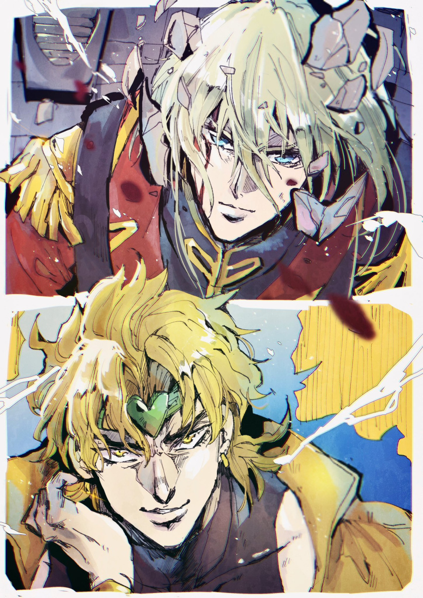 2boys, blonde_hair, dio_brando, gundam, gundam_wing, headband, highres, jacket