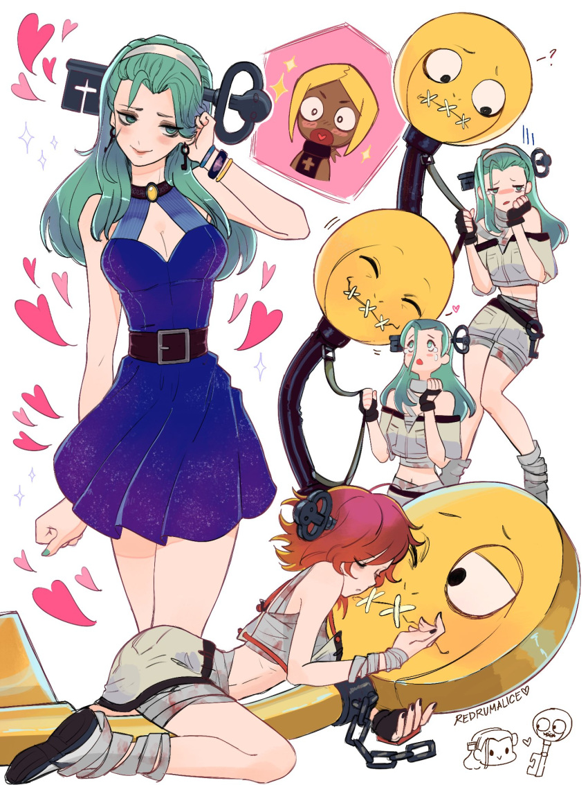 1boy, 1girl, a.b.a, alice_(redrumalice), bags_under_eyes, bandaged_chest, bandaged_neck, bandages, blonde_hair, blood, blood_on_bandages, blood_on_clothes, chain, dress, fingerless_gloves, gloves, green_eyes, green_hair, guilty_gear, guilty_gear_strive, guilty_gear_xx, headband, heart, highres, hug, key, key_in_head, object_through_head, pale_skin, paracelsus_(guilty_gear), short_hair, smile, stitched_mouth, stitches, white_headband