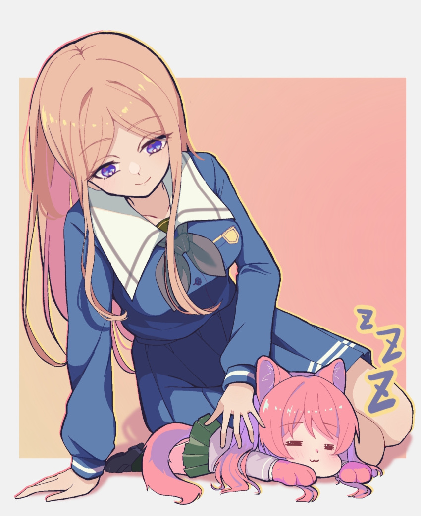 2girls, :3, =_=, animal_ears, animal_hands, bang_dream!, bang_dream!_it's_mygo!!!!!, blue_eyes, blue_serafuku, blue_shirt, blue_skirt, blush, border, brown_hair, chibi, chihaya_anon, chinese_commentary, closed_eyes, closed_mouth, collarbone, commentary_request, fox_ears, fox_girl, fox_tail, gloves, gradient_background, green_skirt, grey_jacket, grey_neckerchief, haneoka_school_uniform, highres, jacket, long_hair, long_sleeves, mini_person, multiple_girls, nagasaki_soyo, neckerchief, outline, outside_border, paw_gloves, pink_background, pink_hair, pleated_skirt, sailor_collar, school_uniform, serafuku, shirt, sidelocks, skirt, tail, tsukinomori_school_uniform, white_border, white_sailor_collar, zhong_xiansheng, zzz