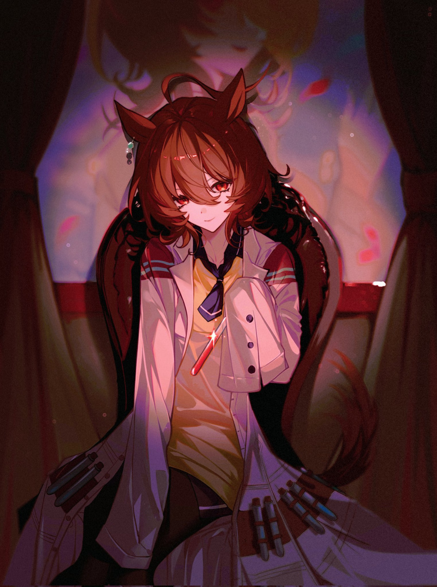 1girl, agnes_tachyon_(umamusume), ahoge, animal_ears, ascot, black_ascot, black_pantyhose, brown_hair, chair, chemical_structure, curtains, earrings, hair_between_eyes, hexagon_earrings, highres, horse_ears, horse_girl, jewelry, lab_coat, light_smile, long_sleeves, looking_at_viewer, ninaki999, no_pants, painting_(object), pantyhose, red_eyes, short_hair, single_earring, sitting, sleeves_past_fingers, sleeves_past_wrists, solo, sweater, test_tube, umamusume, yellow_sweater