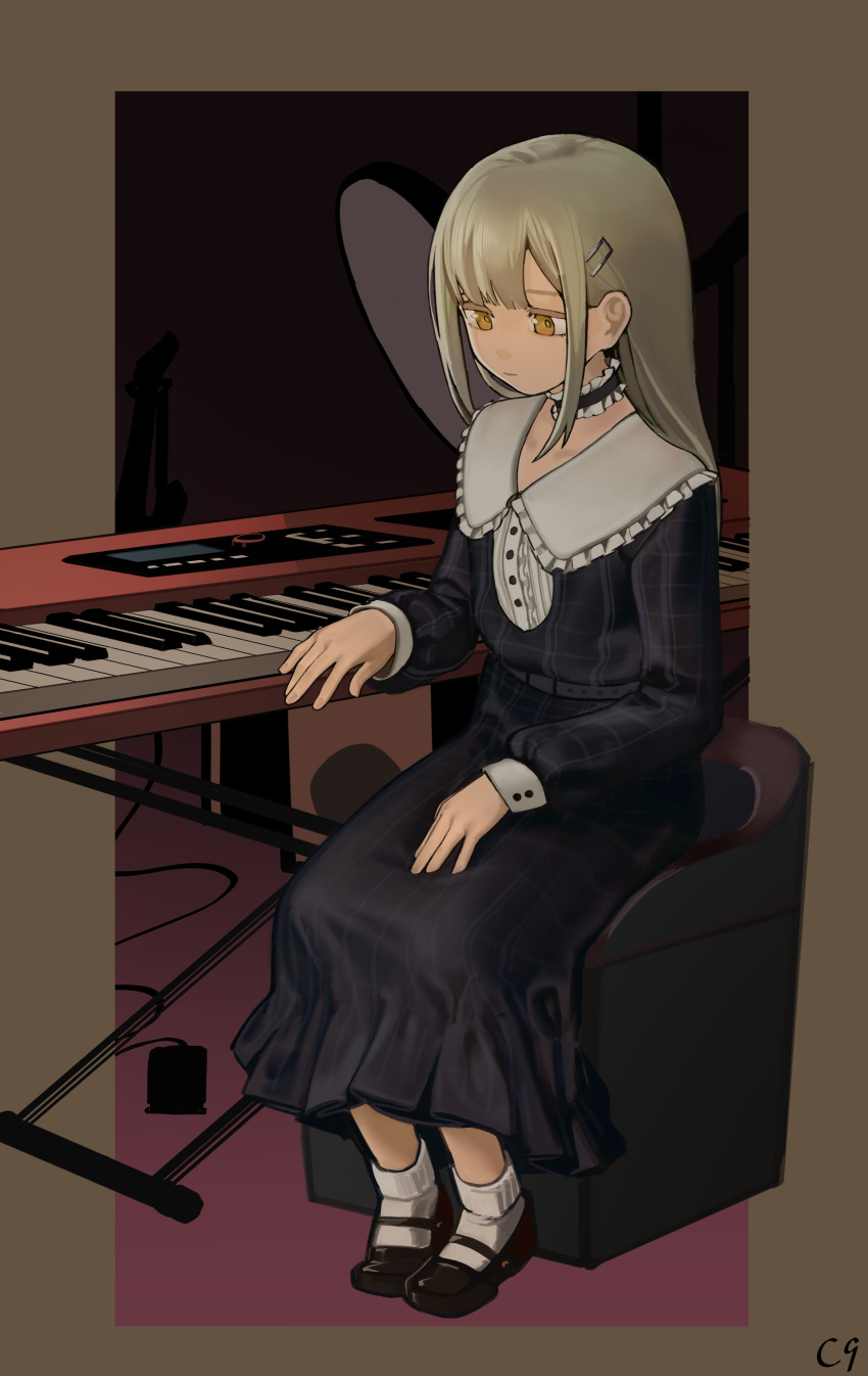 1girl, absurdres, bang_dream!, bang_dream!_it's_mygo!!!!!, black_choker, black_dress, black_footwear, brown_background