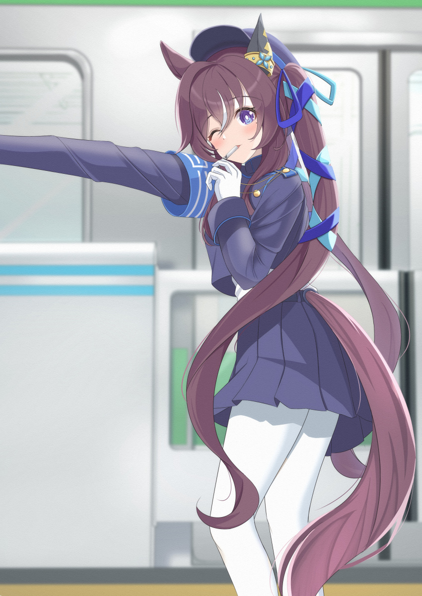 1girl, absurdres, alternate_costume, animal_ears, armband, black_hair, blue_archive, breasts, gloves, hair_ornament, hat, highres, horse_ears, horse_girl, horse_tail, looking_at_viewer, one_eye_closed, pantyhose, shia0016, solo, tail, train, twintails, umamusume, uniform, violet_eyes, vivlos_(umamusume), whistle