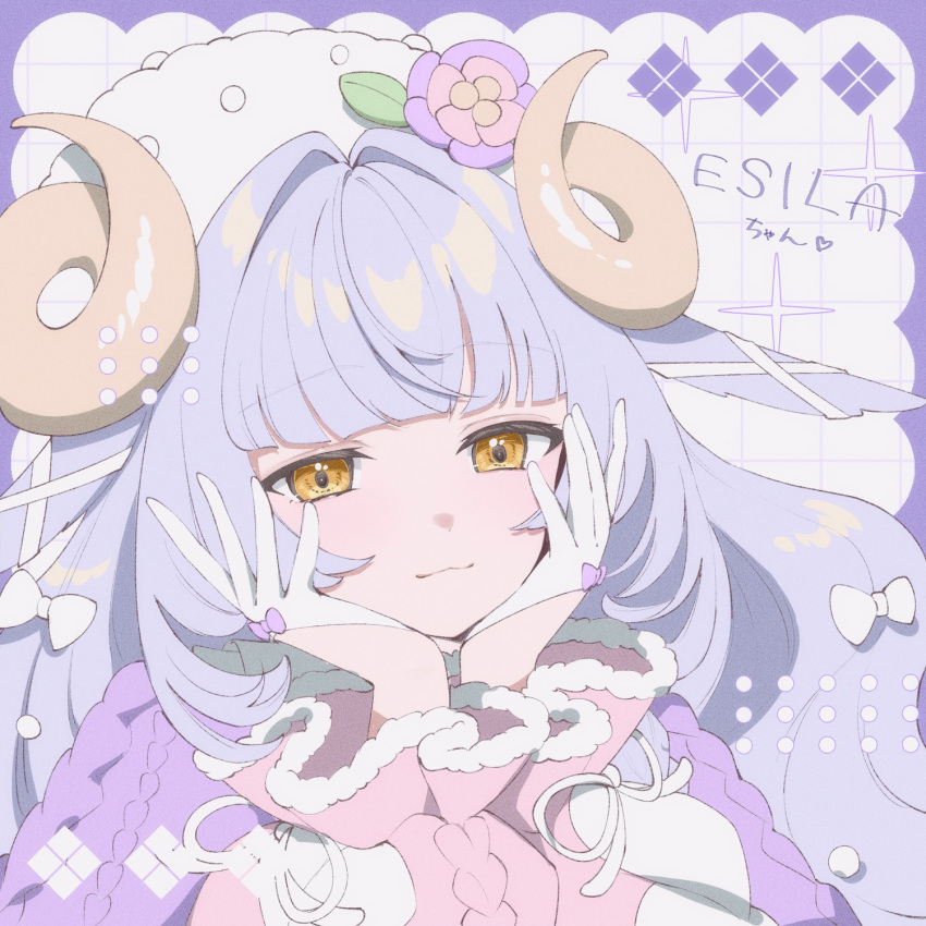 1girl, :3, beret, blunt_bangs, character_name, closed_mouth, curled_horns, dress
