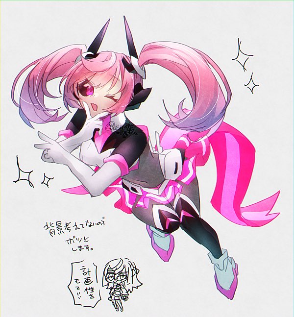 1girl, armor, azure_striker_gunvolt, black_bodysuit, black_sclera, bodysuit, boots, chibi, chibi_inset, colored_sclera, covered_navel, gunvolt_chronicles_luminous_avenger_ix, idol, isola_(gunvolt), one_eye_closed, pink_eyes, pink_hair, power_armor, sparkle, twintails, white_footwear, zukoko_rkgk