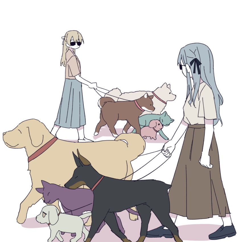 2girls, animalization, bang_dream!, bang_dream!_it's_mygo!!!!!, black_dog, black_footwear, blonde_hair, blue_cat