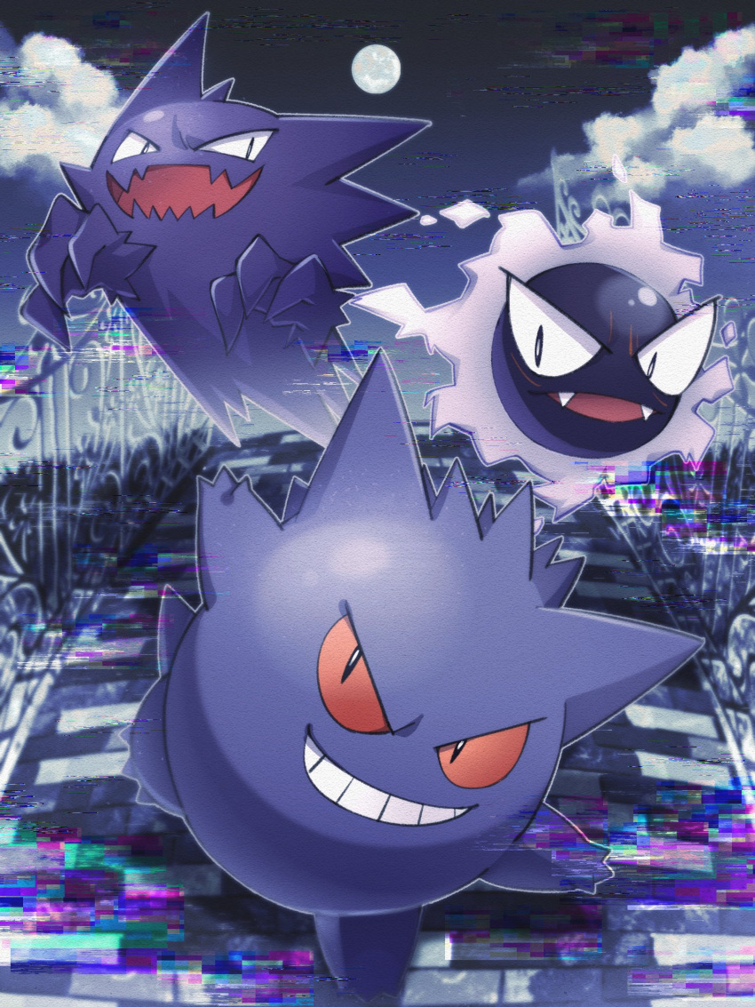 absurdres, black_eyes, colored_sclera, colored_skin, evolutionary_line, full_moon, gastly, gengar