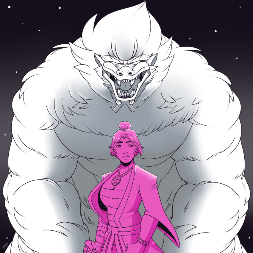 1girl, amulet, asian, bracelet, breasts, cleavage, clenched_hands, creature