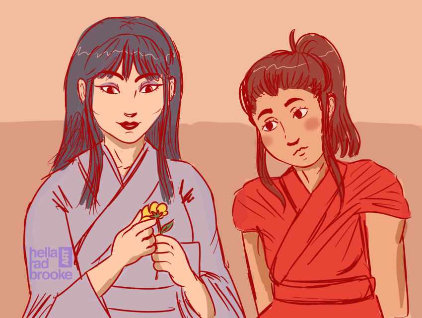 2girls, asian, bangs, black_hair, daikaiju_yuki, eyeshadow, flower, hellaradbrooke