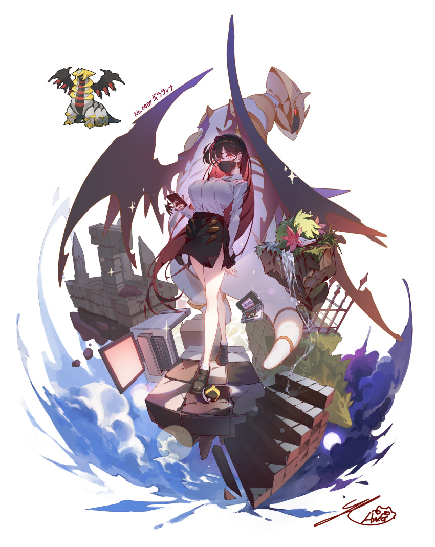 1girl, absurdres, black_footwear, black_hair, black_skirt, black_wings, breasts, cellphone