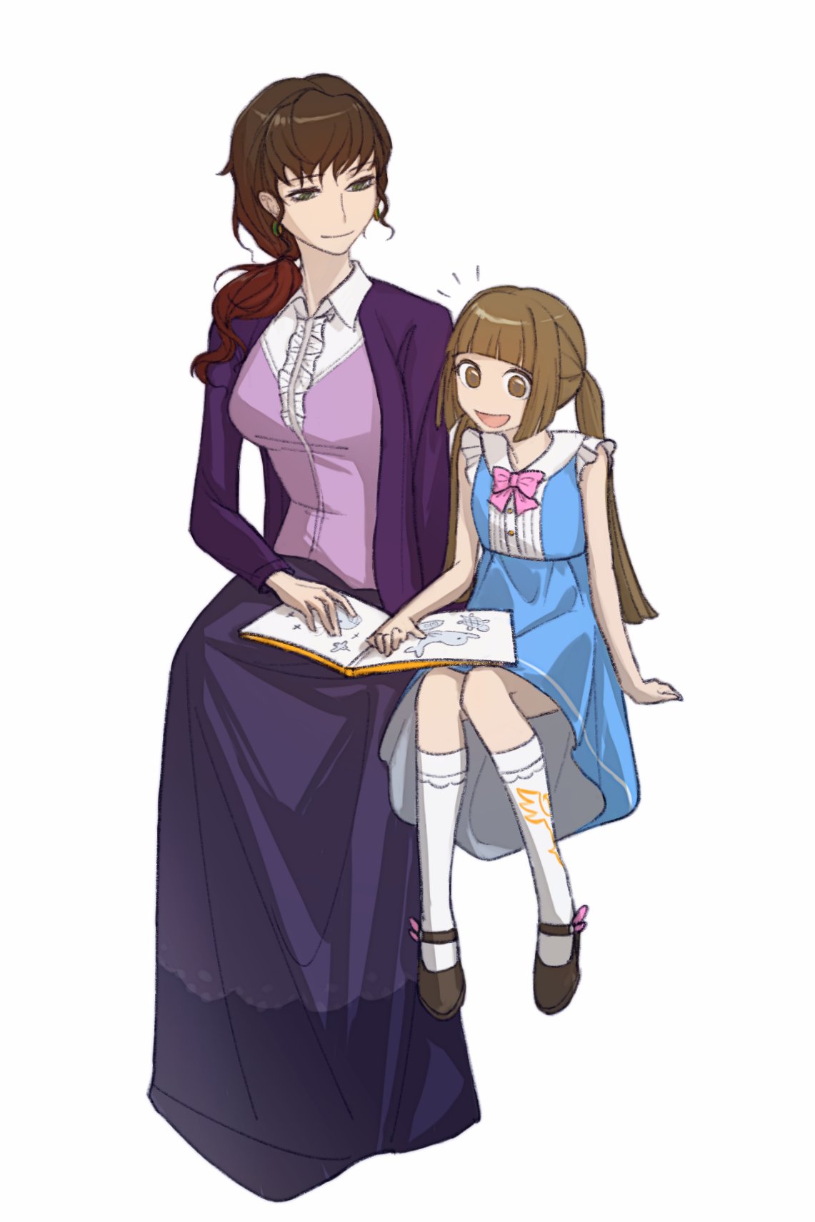 2girls, aged_down, blonde_hair, brown_hair, dress, earrings, highres, jewelry