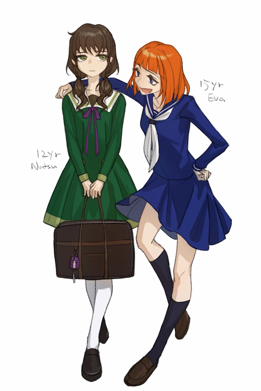 2girls, aged_down, bag, brown_hair, highres, multiple_girls, orange_hair, plankto_x