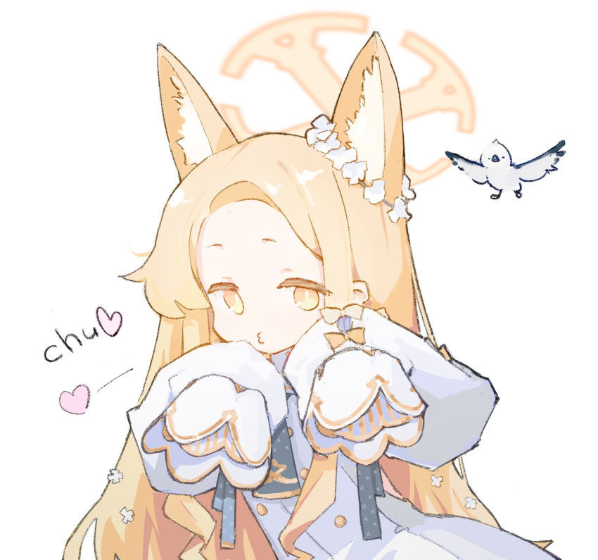 1girl, animal_ears, atsubakutaro, bird, blonde_hair, blue_archive, bow, dress, fox_ears, halo, heart, highres, long_hair, looking_at_viewer, puckered_lips, seia_(blue_archive), simple_background, sleeve_bow, sleeves_past_fingers, sleeves_past_wrists, solo, very_long_hair, white_background, white_dress, yellow_bow, yellow_eyes, yellow_halo