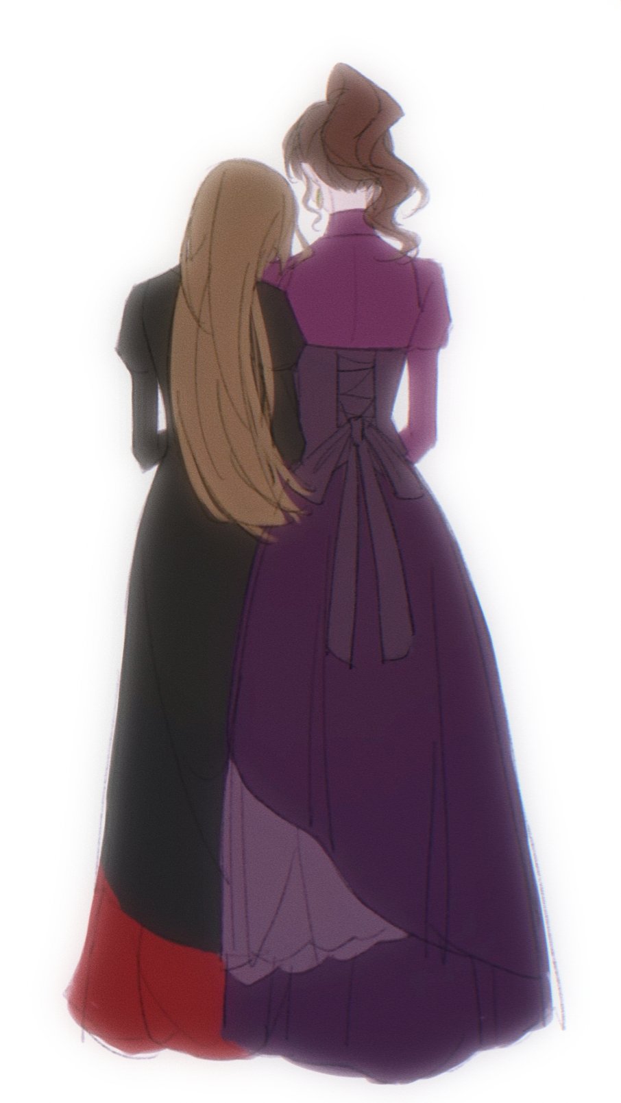 2girls, blonde_hair, brown_hair, dress, family, highres, long_dress, multiple_girls