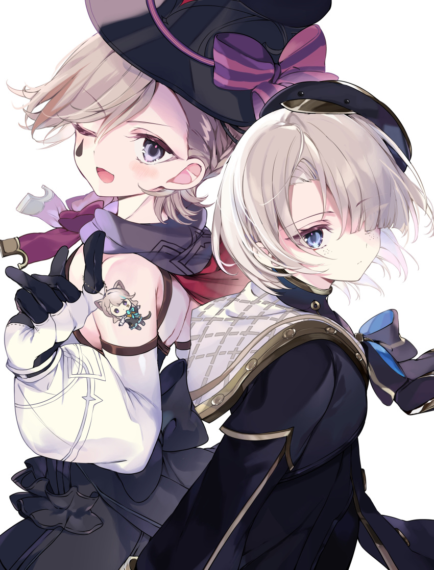 2boys, 52hz_mayday, absurdres, back_bow, bare_back, bare_shoulders, beret, black_bow