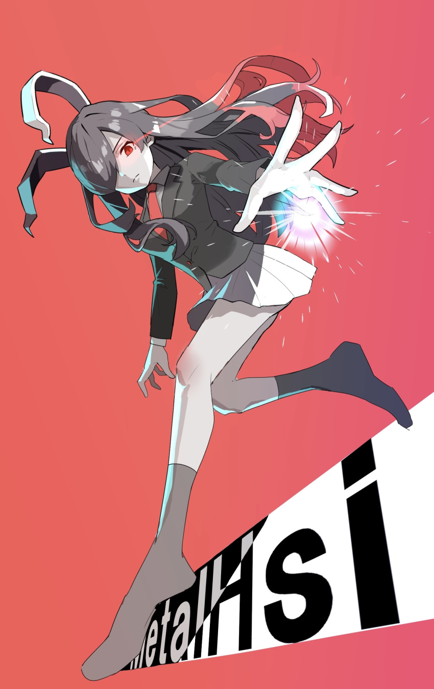 1girl, animal_ears, black_jacket, character_name, closed_mouth, collared_shirt, colored_skin, commentary_request