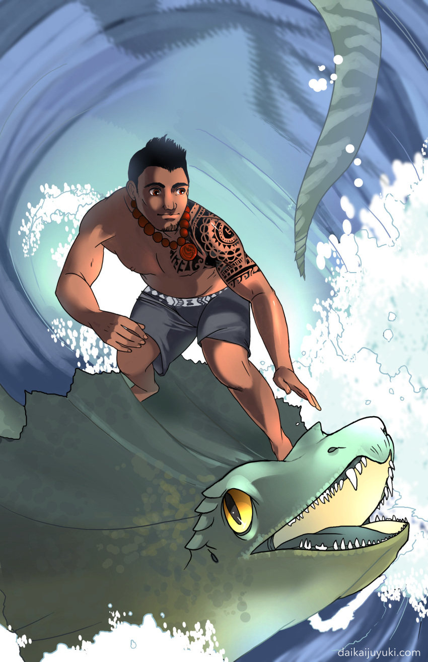 1boy, amulet, black_hair, creature, daikaiju_yuki, goatee_stubble, kaiju-hime, kaijuu, lizard, monster, muscular, muscular_male, necklace, polynesian, reptile, short_hair, shorts, surfing, tribal_tattoo, waves, yata_(daikaiju_yuki)