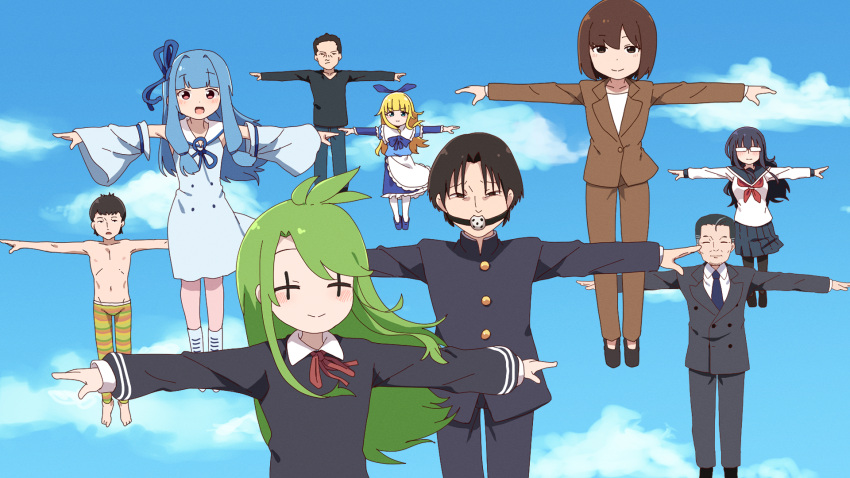 +_+, 4boys, 5girls, ai-generated_art_(topic), apron, black_hair, black_pantyhose, black_shirt