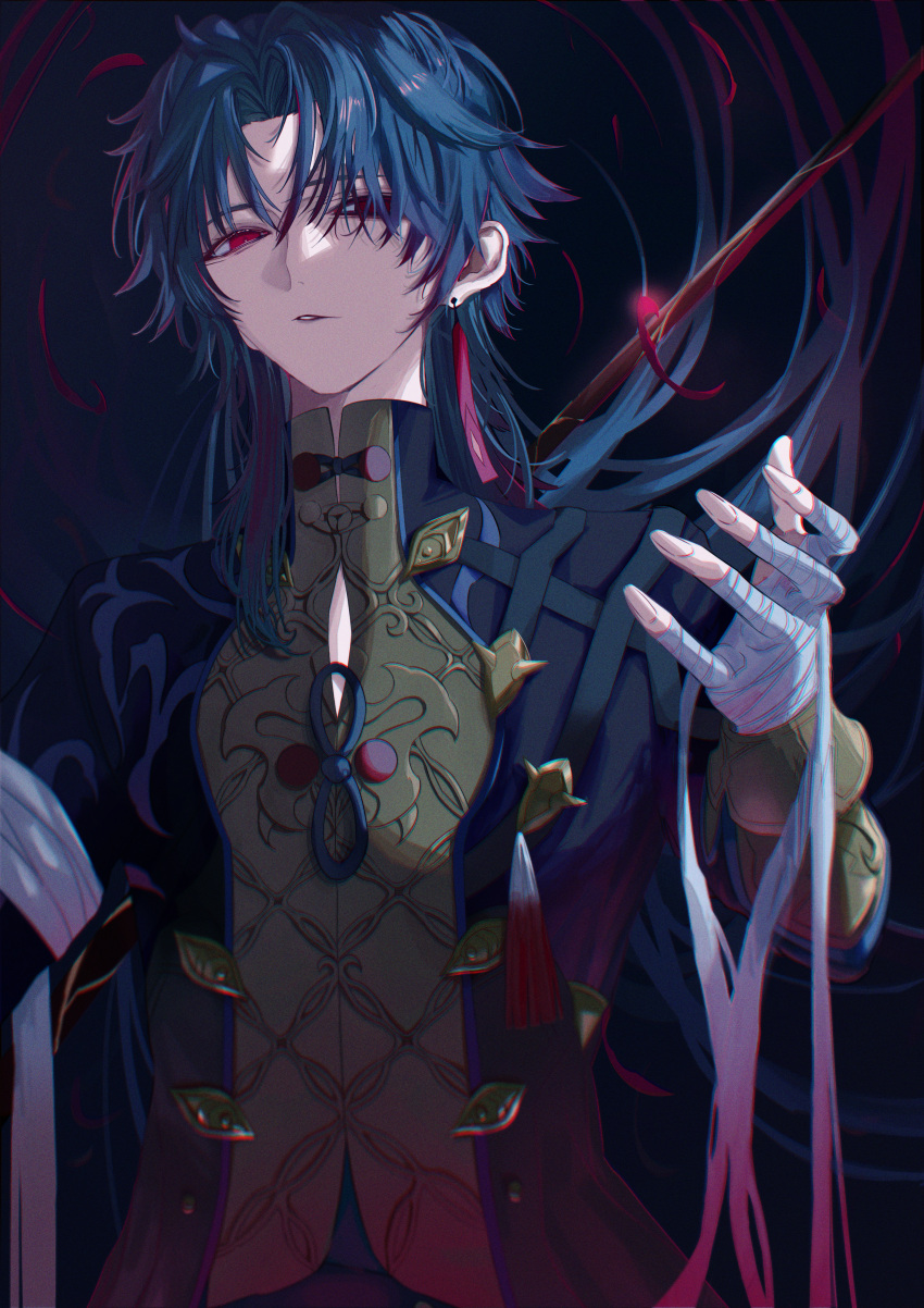 1boy, absurdres, aster_(teslavision), bandaged_arm, bandaged_fingers, bandaged_hand, bandages, black_background