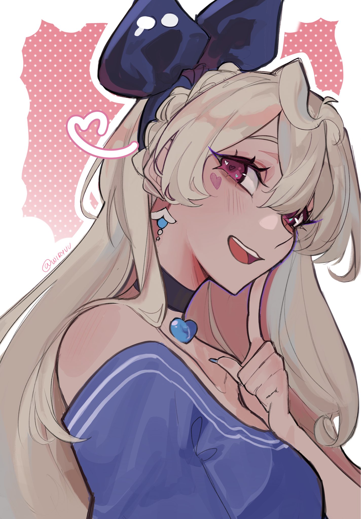 bare_shoulders, black_choker, blonde_hair, blush, bow, braid, breasts, choker, collarbone, earrings, english_commentary, finger_to_cheek, fingernails, hair_bow, heart, heart_on_cheek, highres, jewelry, long_fingernails, long_hair, looking_at_viewer, nijisanji, nijisanji_en, off_shoulder, open_mouth, red_eyes, reimu_endou, shirt, small_breasts, twitter_username, virtual_youtuber, wiru_(wiryuu)