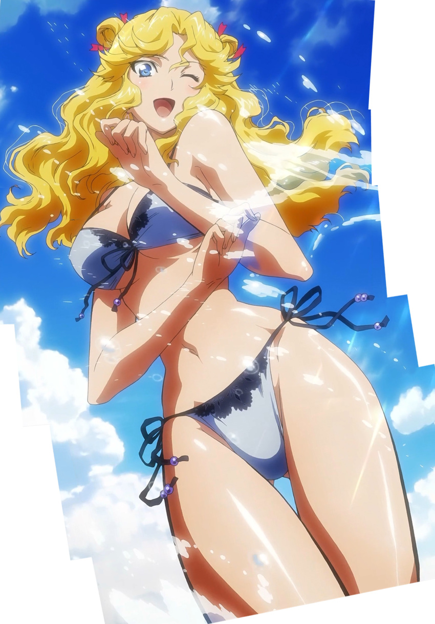 blonde_hair, breasts, cap, cleavage, front-tie_top, highres, leona_garstein, long_hair, navel, nishida_asako, screencap, side-tie_bikini, sky, slender, stitched, super_robot_wars, super_robot_wars_og_the_inspector, super_robot_wars_original_generation, swimsuit, thigh_gap, underboob, wink