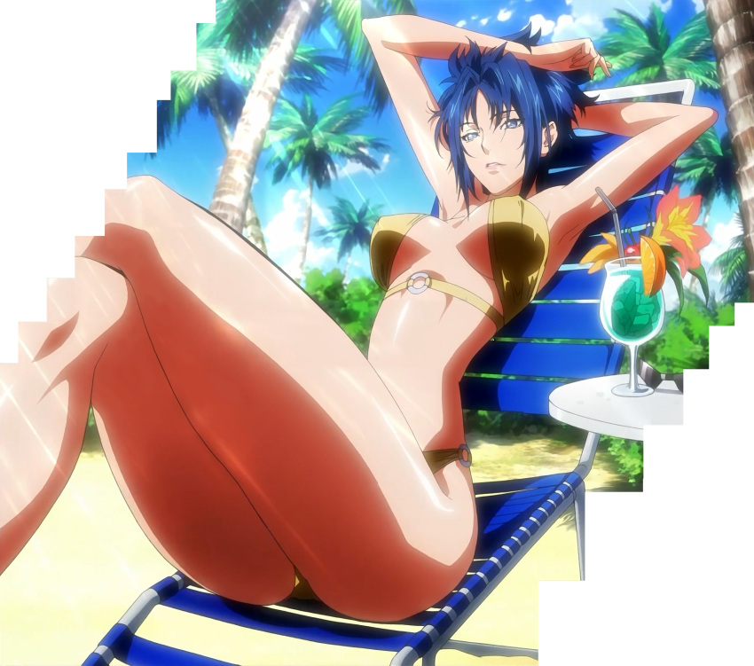 bikini, blue_hair, cap, highres, nishida_asako, o-ring_top, screencap, sitting, stitched, super_robot_wars, super_robot_wars_og_the_inspector, super_robot_wars_original_generation, swimsuit, viletta_badam