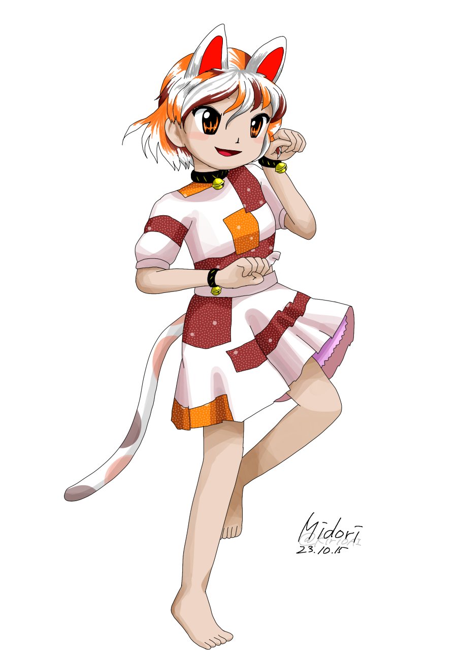1girl, animal_ears, bare_legs, barefoot, bell, breasts, brown_hair, calico