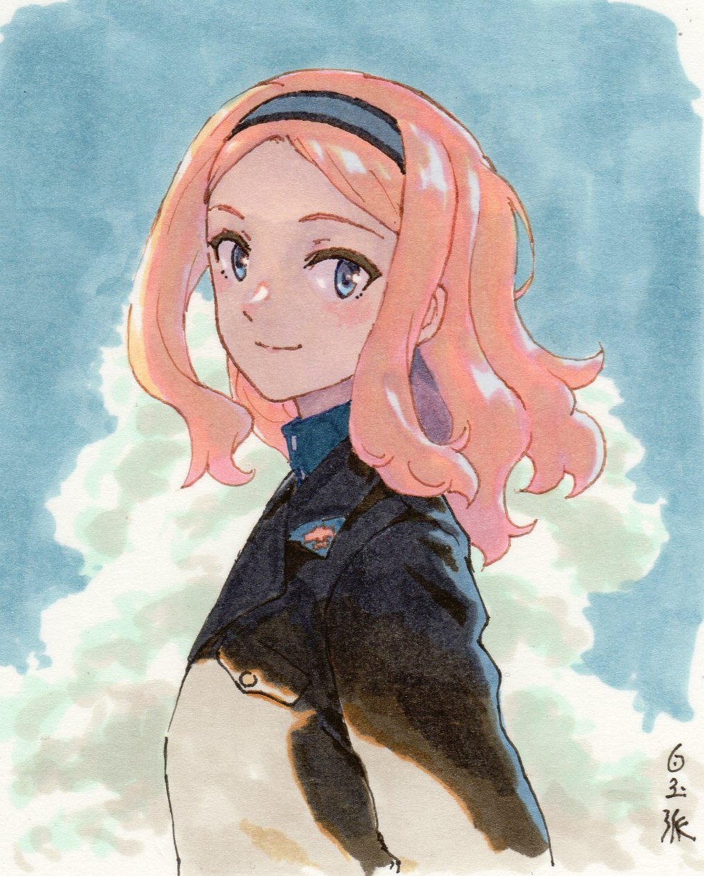 502nd_joint_fighter_wing_(emblem), aleksandra_i._pokryshkin, blonde_hair, blue_eyes, blue_hairband, bomber_jacket, brave_witches, clouds