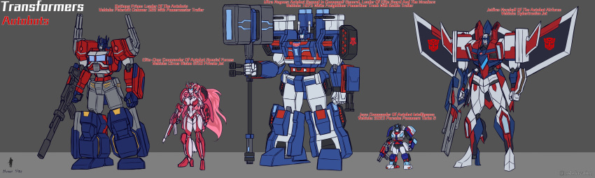 1girl, 4boys, absurdres, armor, assault_visor, autobot, blue_eyes, breasts, colored_skin, elita_one, exhaust_pipe, glowing, glowing_eyes, godofcreating, gun, gunpod, headgear, helmet, highres, holding, holding_gun, holding_weapon, humanoid_robot, insignia, jazz_(transformers), jetfire, large_breasts, long_hair, machine, machinery, mecha, motor_vehicle, multiple_boys, no_humans, optimus_prime, pontiac, redesign, robot, robot_girl, science_fiction, semi_truck, shoulder_armor, size_comparison, size_difference, smile, thighs, transformers, truck, ultra_magnus, weapon