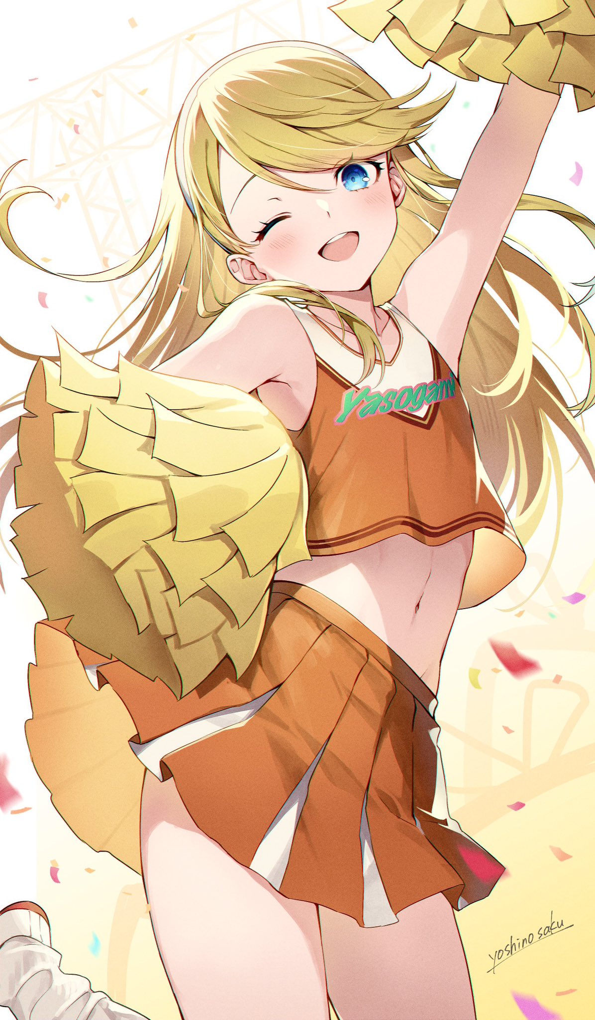 1boy, ;d, alternate_costume, arm_up, bare_shoulders, blonde_hair, blue_eyes, blush, cheerleader, collarbone, commentary, confetti, cowboy_shot, eyelashes, floating_clothes, floating_hair, gradient_background, happy, highres, holding, holding_pom_poms, kuma_(persona_4), long_hair, looking_at_viewer, miniskirt, navel, one_eye_closed, open_mouth, orange_shirt, orange_skirt, otoko_no_ko, persona, persona_4, pleated_skirt, pom_pom_(cheerleading), shirt, sidelocks, signature, simple_background, skirt, sleeveless, sleeveless_shirt, smile, solo, straight_hair, swept_bangs, teeth, upper_teeth_only, white_background, yellow_background, yoshino_saku