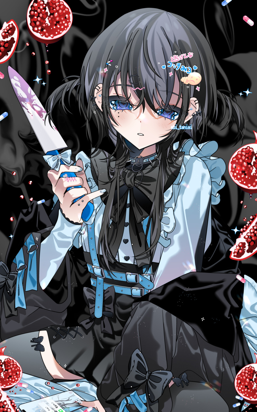 1girl, absurdres, black_bow, black_bowtie, black_hair, black_skirt, blue_bow, blue_choker