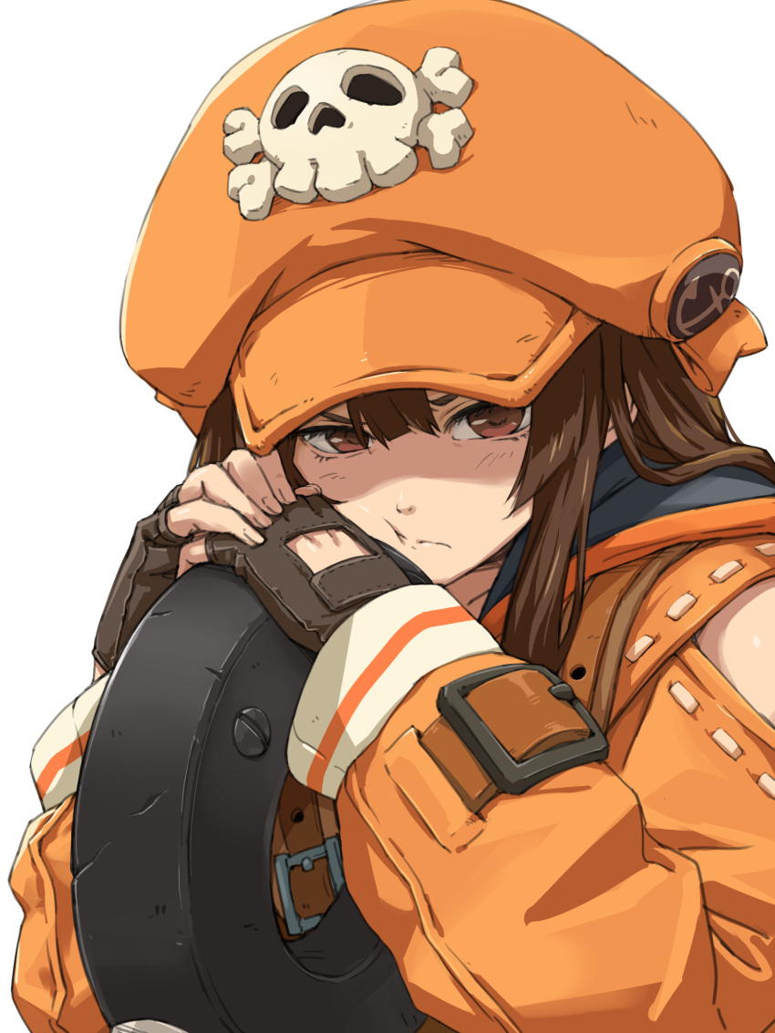 1girl, absurdres, anchor, brown_eyes, brown_hair, buckle, cabbie_hat, fingerless_gloves