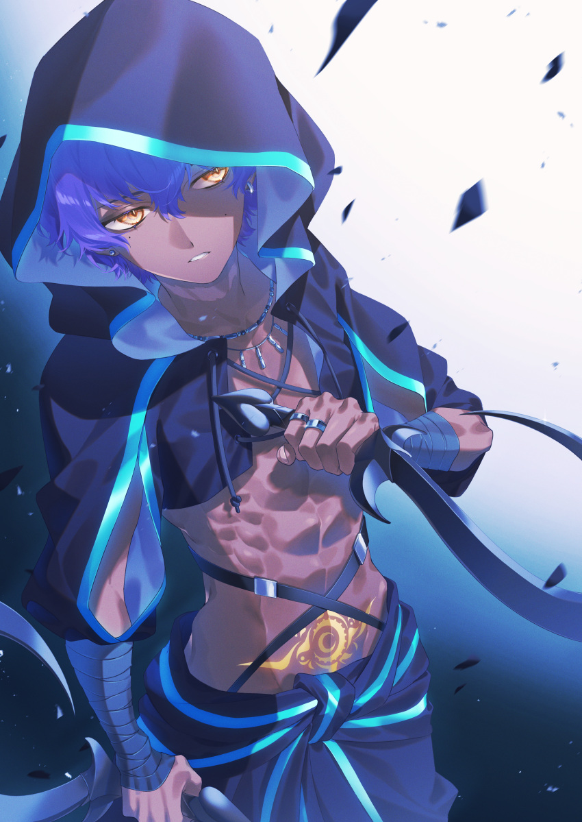1boy, abs, absurdres, bandaged_arm, bandages, black_jacket, blue_hair, cowboy_shot, dark-skinned_male, dark_skin, dual_wielding, earrings, fate/grand_order, fate_(series), hair_between_eyes, hassan_of_the_shining_star_(fate), highres, holding, hood, itsuma_su, jacket, jewelry, long_sleeves, looking_at_viewer, male_focus, mask, mole, mole_under_eye, multiple_rings, necklace, open_clothes, open_jacket, parted_lips, pectoral_cleavage, pectorals, pubic_tattoo, purple_hair, ring, short_hair, sickle, solo, tattoo, toned, toned_male, topless_male, violet_eyes, yellow_eyes