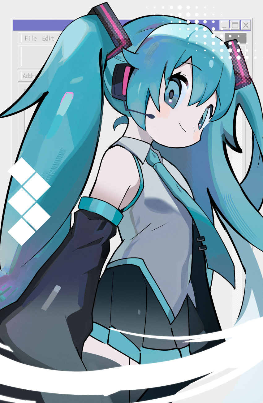 1girl, absurdres, aqua_eyes, aqua_hair, aqua_necktie, bare_shoulders, black_sleeves, commentary
