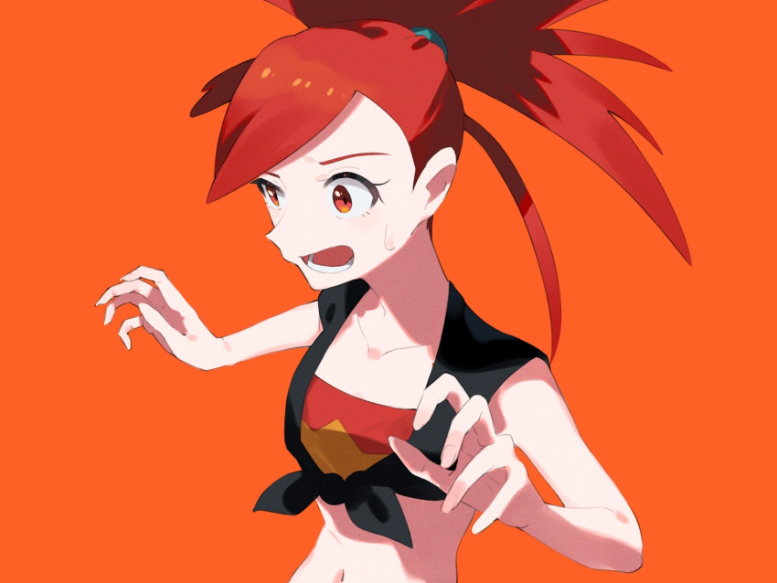 1girl, aoi_(altea0923), bare_arms, collarbone, flannery_(pokemon), midriff, navel, open_mouth