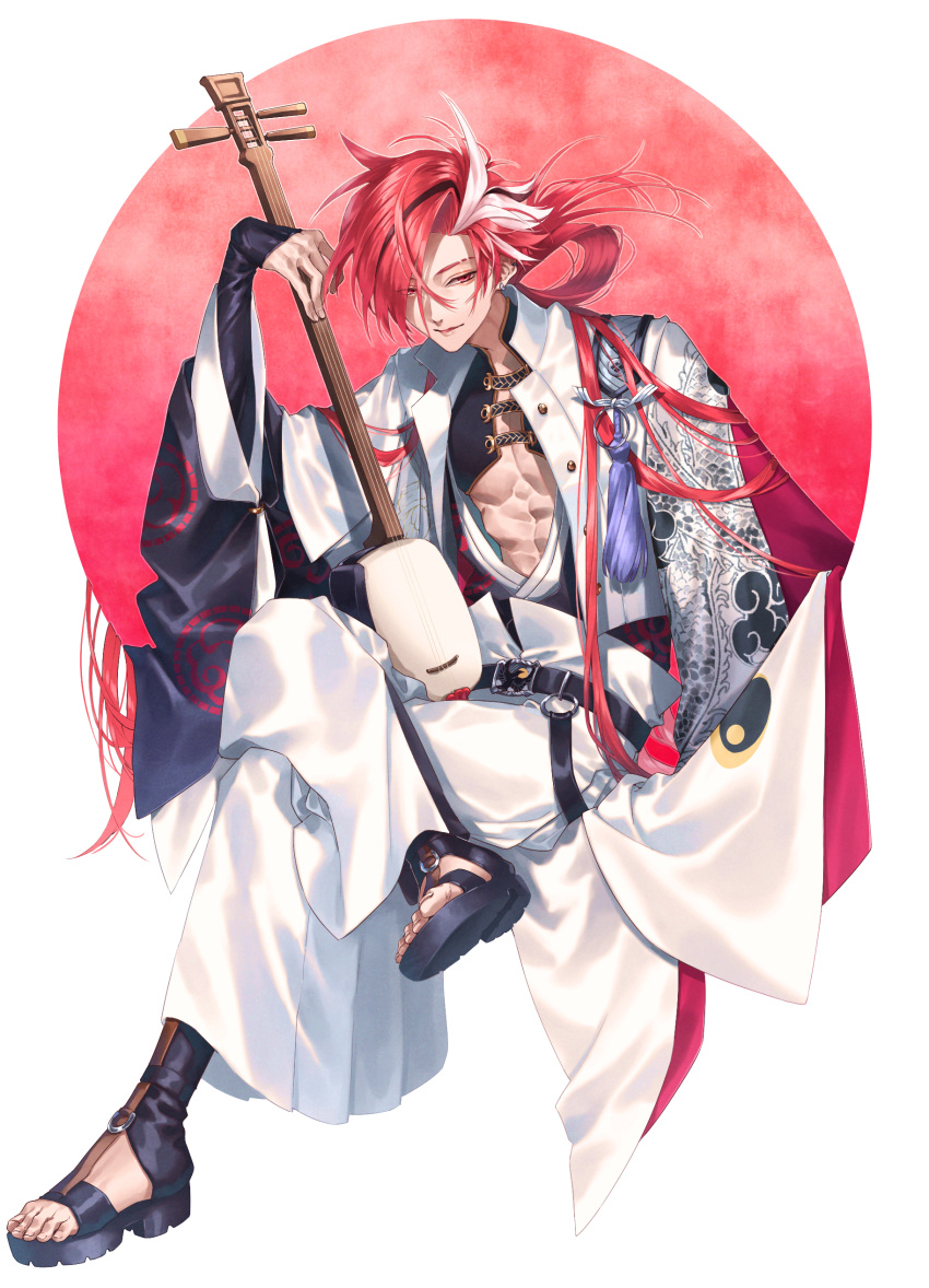 1boy, absurdres, belt, black_hair, crossed_legs, dragon_print, earrings, eyebrow_cut